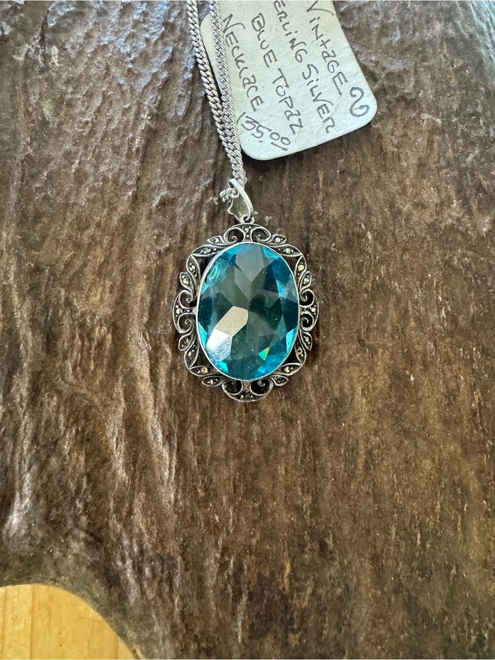 Blue Topaz Pendant Necklace - Vintage Silver Style